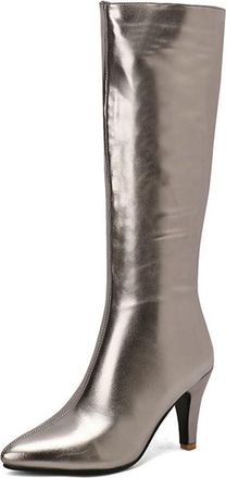 Generic Womens Metallic Kitten Heel Knee High Boots Side Zipper Fashion Winter Party Catwalk Dress Pumps Shoes (5.5,Grey)