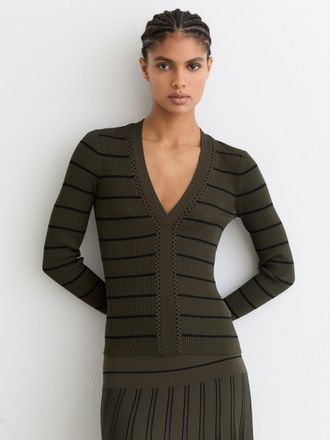 Reiss Khaki Green & black Stripe Craft-stitch Rib-knit Top, XL