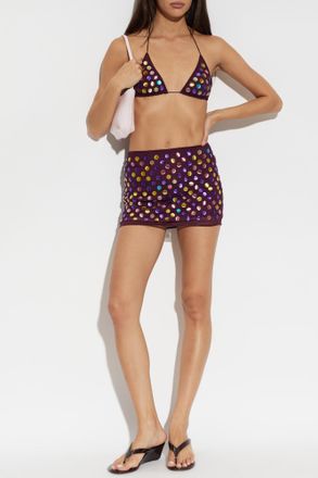 Os&eacute;ree Short Skirt With Colorful Appliqu&eacute;s, Womens, Burgundy