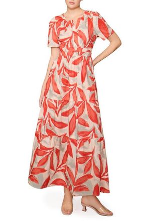 Melloday Short Sleeve Tiered Maxi Dress in Bone Camelia Leaf at Nordstrom, Size X-Small