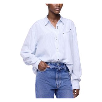 Paco Rabanne Oversized Shirt in Gestreept Katoen Crepe - Dames - Blouses & Shirts - Blauw - Maat: S Katoen