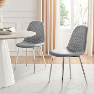 Furniturebox 2x Corona Silver Leg Faux Leather Dining Chair in Grey