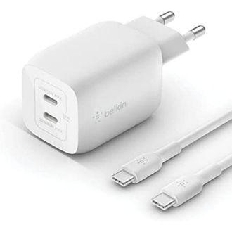 Belkin Cargador De Pared Doble Usb Tipo C De 65 W, Cable Usb-c A Usb-c, Carga R&aacute;pida 3.0 Con Tecnolog&iacute;a Gan Para Iphone 16, 15, Ipad Pro, Macbook, Samsung Ga