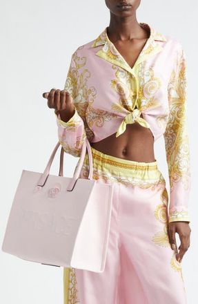 Versace Barocco Crop Silk Button-Up Shirt in Pale Yellow Rose Quartz at Nordstrom, Size 10 Us