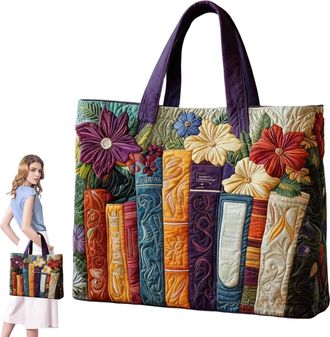 Generic Quilted Tote Bag, Embroidery Floral Bookish Patchwork Bags, Canvas Tote Bags for Women, Large Capacity Totes, Suitable for Office, Shopping, Appointme