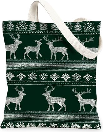 Generic Christmas Deer Canvas Tote Bags, Rustic Animal Pattern Reusable Grocery Bags, Winter Lightweight Washable Shoulder Strap Ca, Green, 13x15 Inch