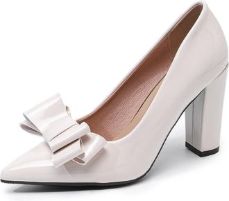 Generic Womens Soild Color Pointed Toe Pumps with Bowknot Decor High Block Heels Dress Shoes for Office Party and Evening (5.5,White)