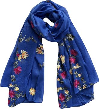 Lina & Lily Embroidered Floral Tassel Scarf Shawl Lightweight (Royal Blue)