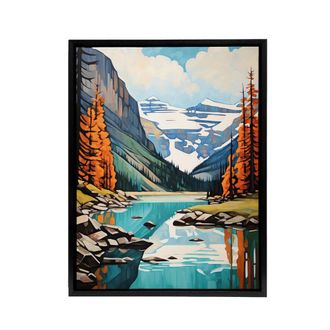 Artery8 Lake Louise Banff in Autumn Canada Framed Canvas Wall Art Print in Blue | Size: W24 x H32