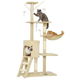 OEM &Aacute;rbol Rascador Para Gatos Altura 134 Cm Con 6 Postes 3 Plataformas Cueva Hamaca Escalera 4 Juguetes Colgantes Beige
