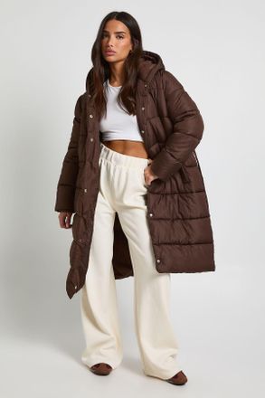 Boohoo Womens Petite Belted Longline Puffer Jacket - Chocolate - Size 16 UK