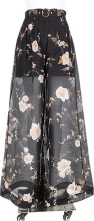 Zimmermann Black Floral Sheer Overlay Linen-Silk Wide-Leg Pants