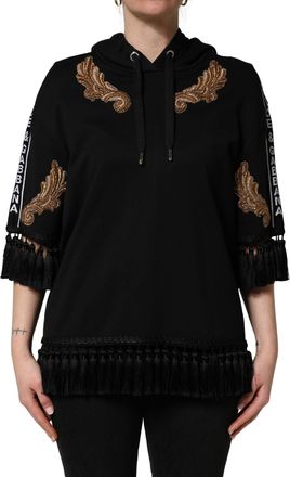 Dolce & Gabbana Womens Black Embroidered Tassel Hooded Sweatshirt Sweater Cotton Clothing