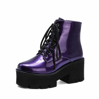Generic Womens Punk Gothic Ankle Boots with Lace-Up & Buckles - Chunky Platform Heel Biker Booties,Purple,1.5 UK