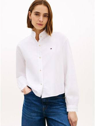 Tommy Hilfiger Womens Ruffle Trim Cropped Oxford Shirt - White - 10