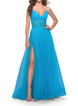 La Femme Tulle A-Line Corset Gown In Aqua