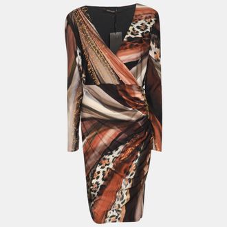 Roberto Cavalli Multicolor Animal Print Stretch Crepe Piercing Draped Midi Dress