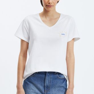 Pieces T-shirt met geborduurd motief, V-hals