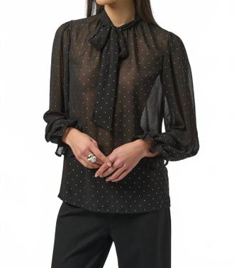 Joseph Ribkoff Studded Sheer Chiffon Pussy Bow Top In Black/silver