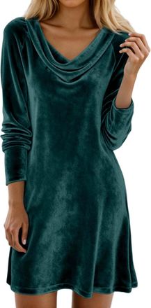 Generic Summer Dress Womens Elegant Velvet Dress with Cowl Neck and Long Sleeves - Evening and Daily Wear Comfortable Stretchy Soft Fabric, Green, XXL