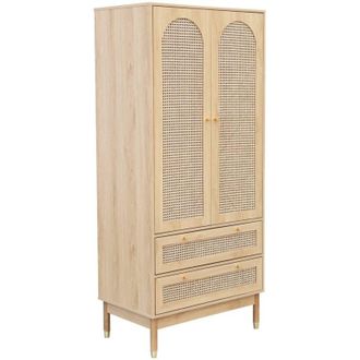 Sweeek Dressing wardrobe judith 2 doors 2 drawers rattan, handles and legs with gold finish, 80 x 50 x 180 cm