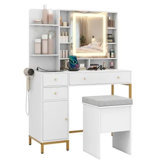 Costway Costway Makeup Vanity Desk Dressing Table & Stool Set with Lighted Mirror in White