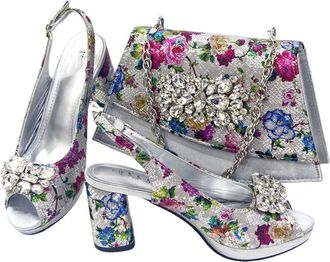 Generic Womens Sandals and Bags Matching Set Bigger Size Thick Heel Shoes Flowers Sparkly Rhinestone Decoration Silver