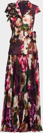 Badgley Mischka Pleated Floral Cap-Sleeve Gown