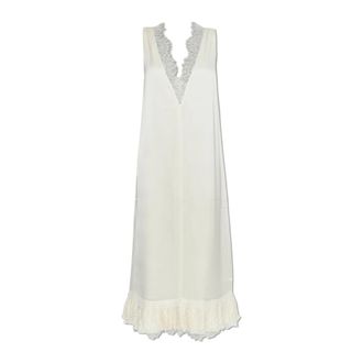 Ganni Kleedjes, Dames, Beige, XS, Satijn, Satijnen jurk met kanten inzetstukken