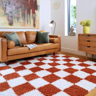 Kukoon Terracotta Beige Shaggy Checkerboard Checked Living Room Area Rug | Size: 240 cm x 330 cm
