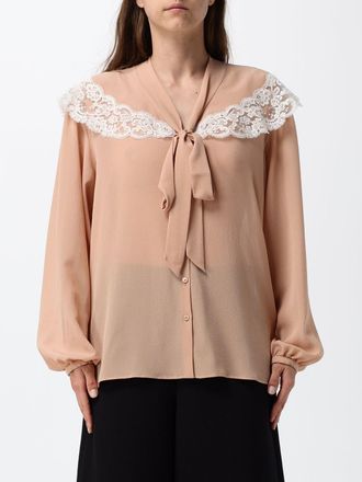 Chlo&eacute; Silk Pussy-Bow Collar Shirt with Embroidered Lace Inserts