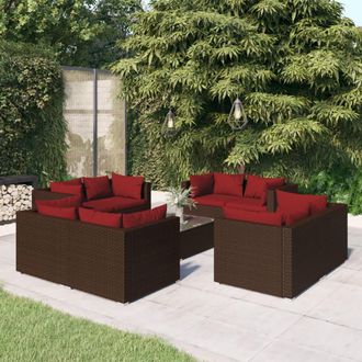 vidaXL Set Muebles De Jard&iacute;n 9 Piezas Y Cojines Rat&aacute;n Sint&eacute;tico Marr&oacute;n Vidaxl