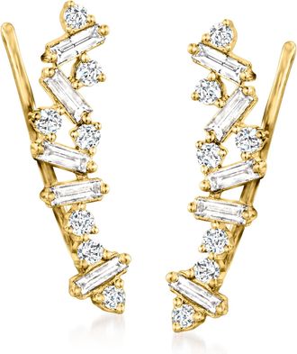 Ross-Simons Round and Baguette Diamond Ear Climbers in 14kt Yellow Gold