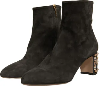 Dolce & Gabbana Womens Black Embellished Heel Ankle Boots Shoes Calf Leather