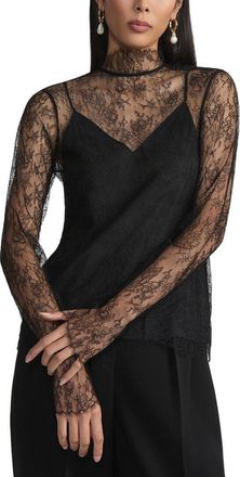 Lafayette 148 New York Lace Trim Mock Neck Silk-Blend Blouse