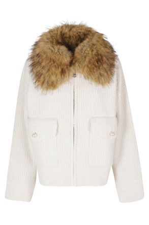 Essentiel Cropped Knitted Bomber Jacket With Detachable Faux Fur Collar