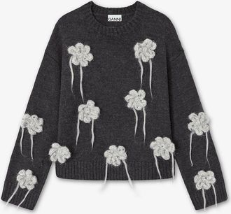 Ganni Mixed Dark Grey Flower Crochet Sweater - Size XXS/XS Wool