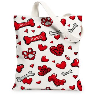 Generic ValentineS Day Heart Dog Canvas Tote Bags, Cute Animal Pattern Reusable Grocery Bags, Lightweight Washable Shoulder Canvas, Red, 13x15 Inch