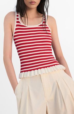 Mango Stripe Pleat Hem Rib Tank in Red at Nordstrom, Size X-Small
