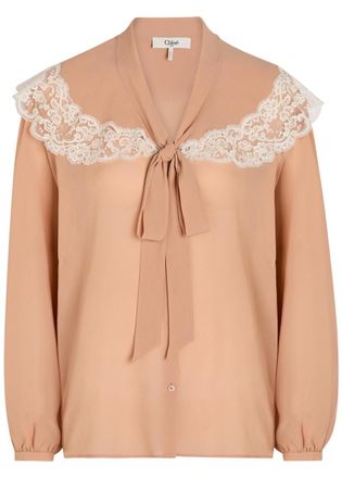 Chlo&eacute; Lace-trim Silk-georgette Blouse - Pink - 42 (UK14 / L)