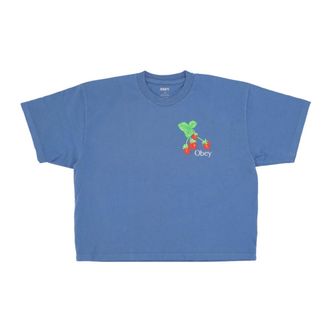 Obey Tops, Dames, Blauw, M, Katoen, Aardbei Bund Crop Tee Blauw