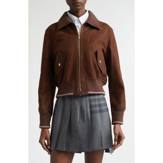 Thom Browne Crop Leather Flight Jacket in Tiramisu at Nordstrom, Size 12 Us