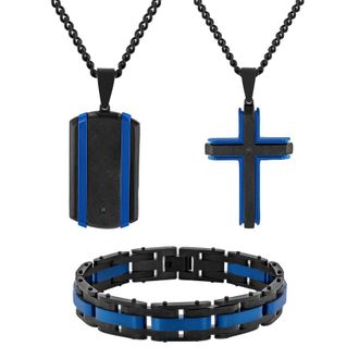 Robert Alton Black and Blue Mens Diamond Accent Stainless Steel Jewelry Set - Cross, Dog Tag & Bracelet
