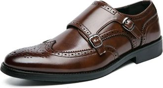 Generic Formal Shoes for Men Slip On Monk Strap Brogue Embossed Wing tip PU Leather Slip Resistant Low Top Rubber Sole Anti-Slip Non Slip Casual(10.5 UK) Brow