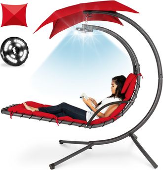 Best Choice Products Hanging LED-Lit Curved Chaise Lounge Chair for Backyard, Patio w/ Pillow, Canopy, Stand