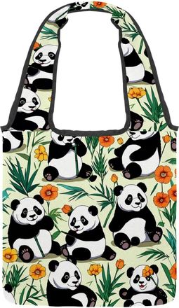 Generic Cute Panda Pattern Reversible Canvas Shoulder Tote - Double-Sided Print, 12oz Cotton, 27cm Drop, Fold-Flat Bag for Travel, Shopping, Street Outings