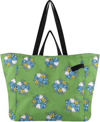 Generic Berries Flowers Green print Reusable Canvas Tote Bag, Heavy Duty Grocery Shopping Bag with Double Handles Hard Bottom Large Capacity Work Groceries Tr