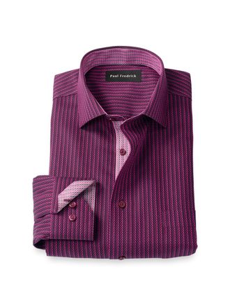 Paul Fredrick Comfort Stretch Non-iron Stripe Dress Shirt With Contrast Trim
