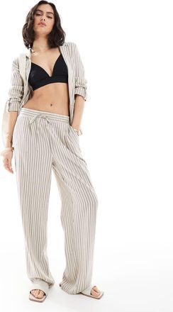Vero Moda mix and match linen touch wide leg pants in cream stripe - part of a set-Neutral