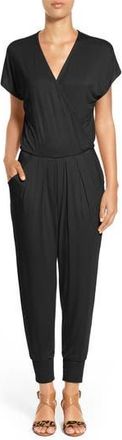 Loveappella Short Sleeve Wrap Top Jumpsuit in Black at Nordstrom Rack, Size Large